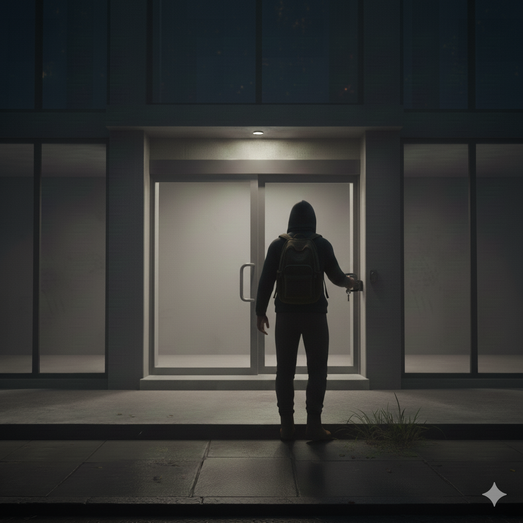 Un ladrón ingresando a un edificio: El riesgo de la llave física: Vulnerabilidad total, Costos elevados, Falta de registro, Llaves Duplicadas e Incomodidad